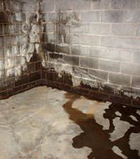 Water seeping through a concrete wall in a Laurens basement